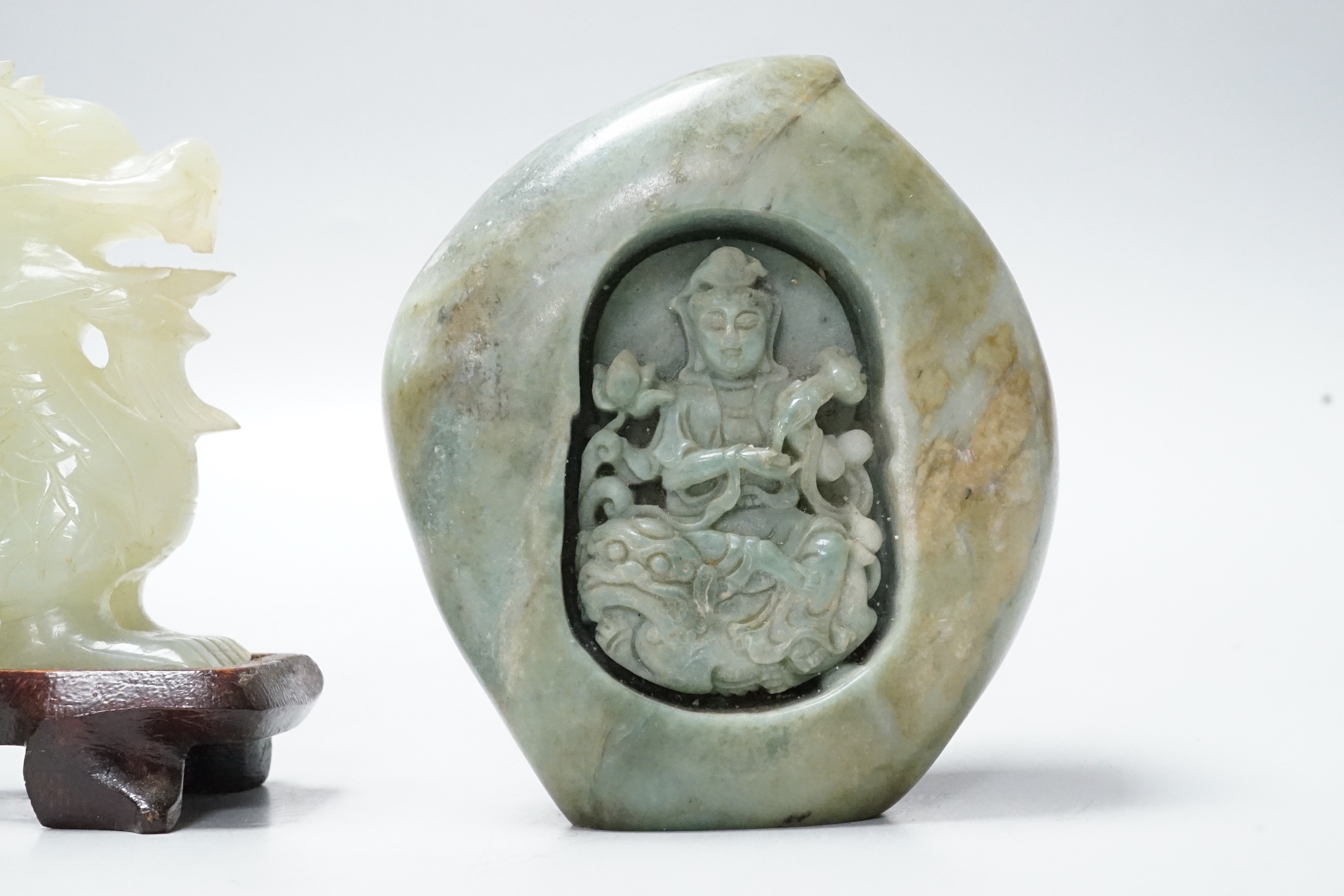 A Chinese bowenite dragon on stand and a soapstone carving, largest 12cm long